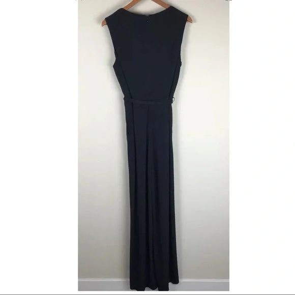 Vince Camuto Sleek V Neck Wrap Wide Palazzo Leg Black Jumpsuit ~L - Picture 5 of 7